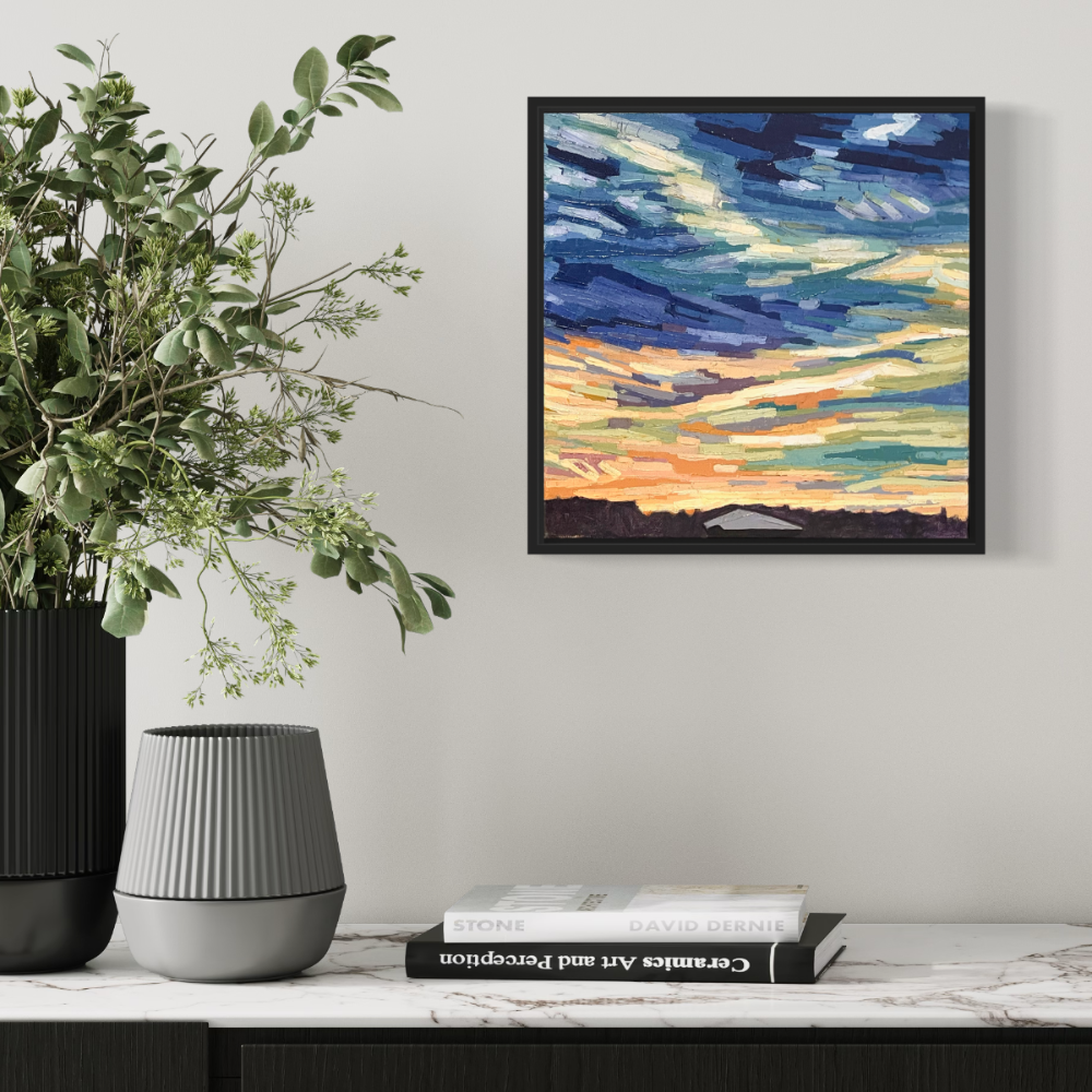 Abstract cloud painting in a frame in situ above a console