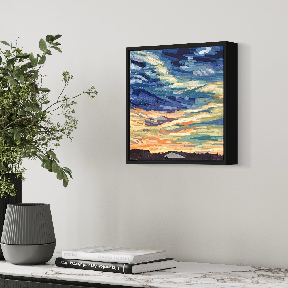 Abstract cloud painting in a frame in situ above a console