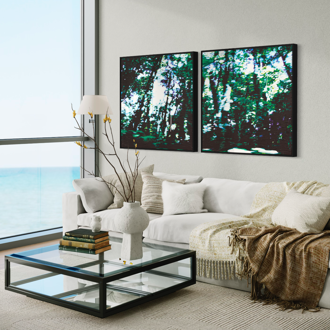 Fleeting L&R Framed Canvas white couch side
