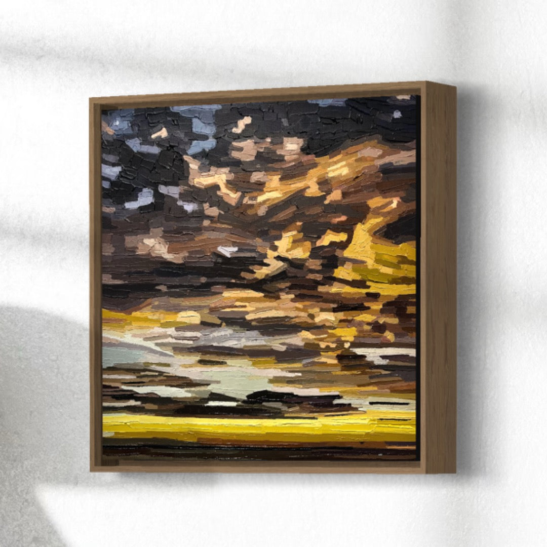 Abstract textural cloud painting with warm colours. Framed and 30x30cm