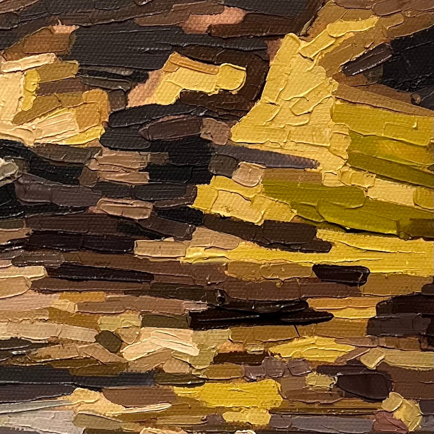 Close up image of - Abstract textural original cloud painting with a mix of brown, black, and yellow colours. And some pale blue sky behind. By artist Alex DiMercurio. 30x30cm