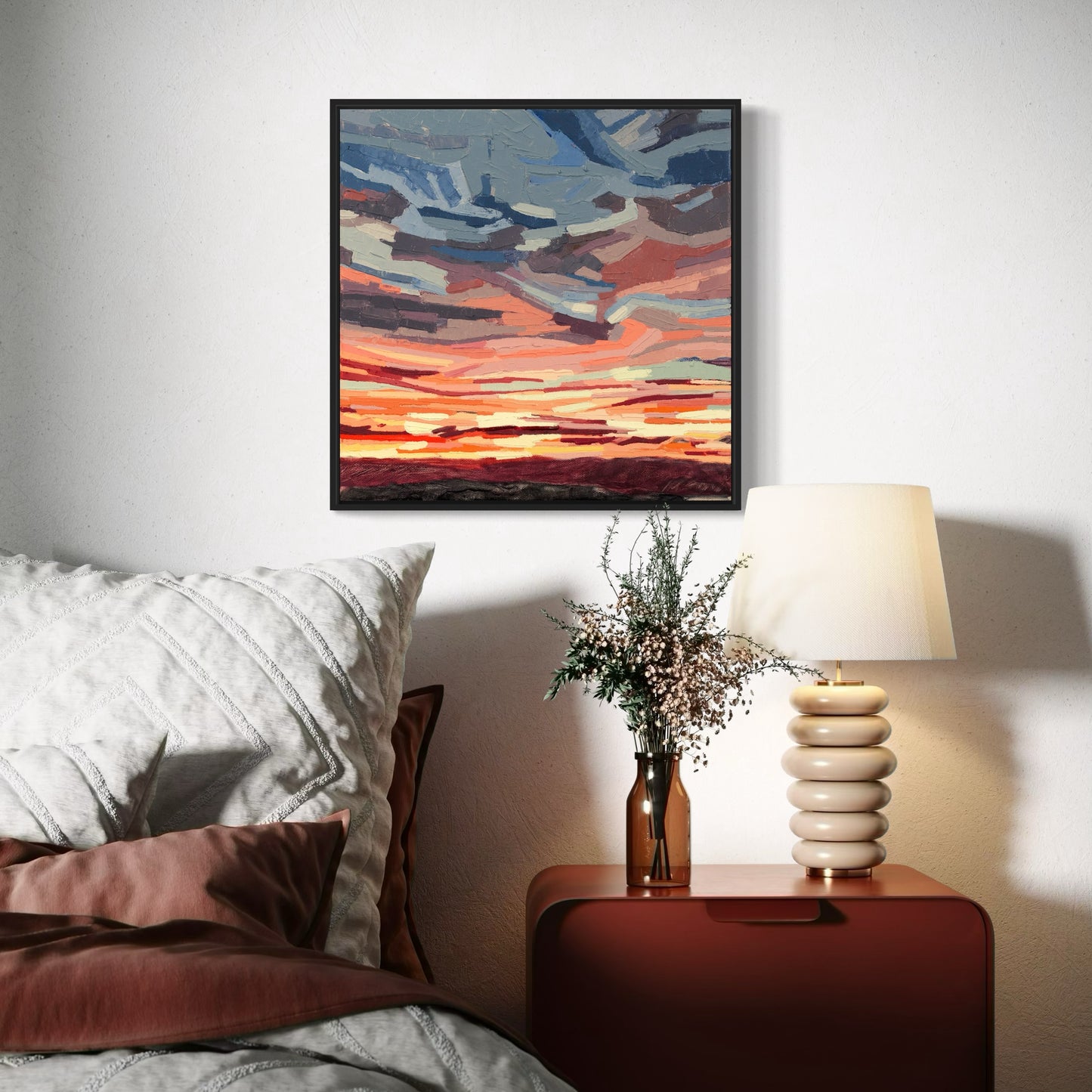 Clouds_1_-_Framed_Canvas_Print_in_situ_-_bedroom_red