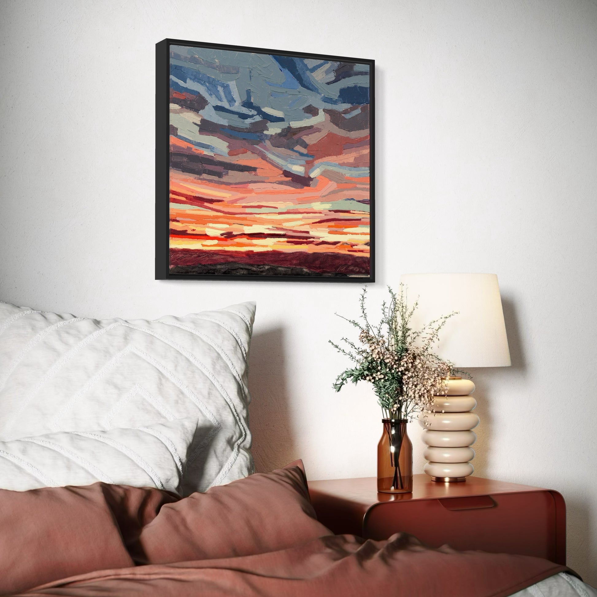 Clouds_1_-_Framed_Canvas_Print_in_situ_-_bedroom_red_side