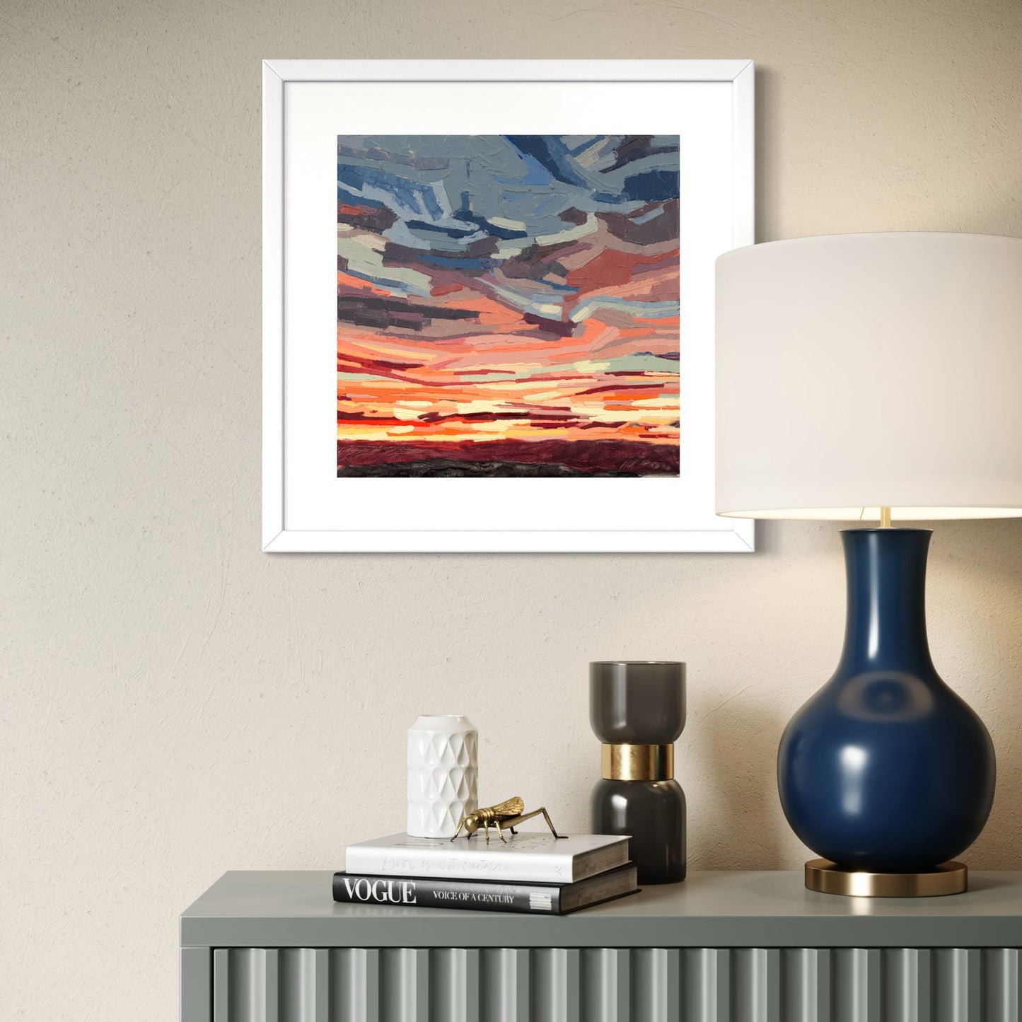 Clouds_1_-_Framed_Mounted_Print_in_situ_-_blue_console