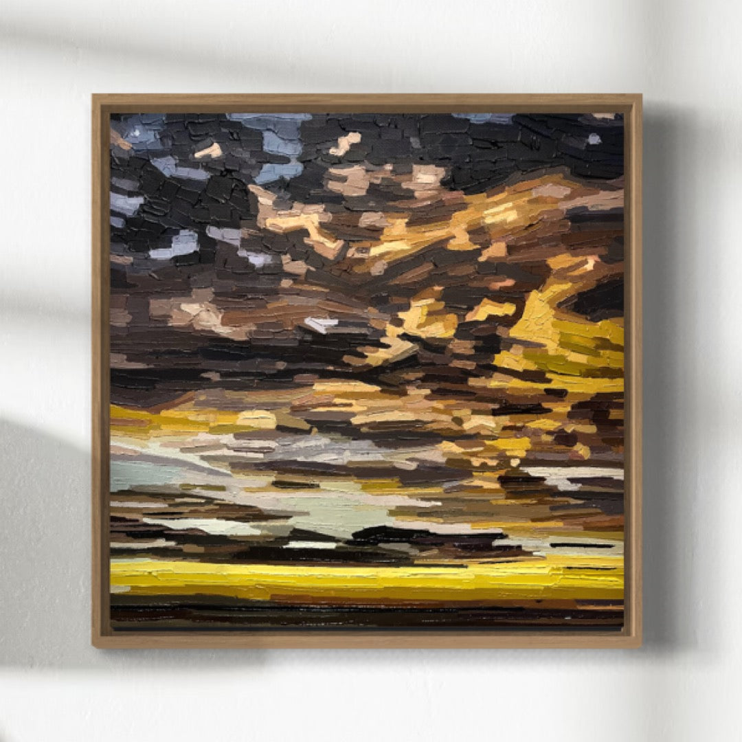 Abstract textural cloud painting with a mix of brown, black, and yellow colours. And some pale blue sky behind.