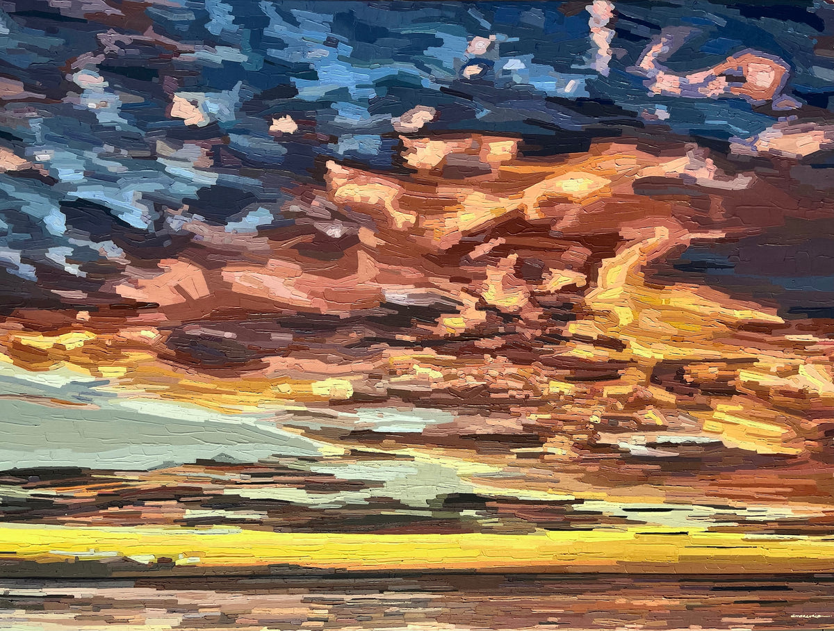 Close-up of layered impasto texture and colour in painting Shine Through by New Zealand artist Alex DiMercurio