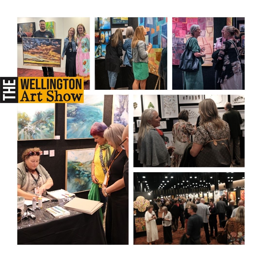 Scenes from Wellington Art Show exhibitions, including Alex DiMercurio with her Gold Award-winning painting Shine Through and new collector
